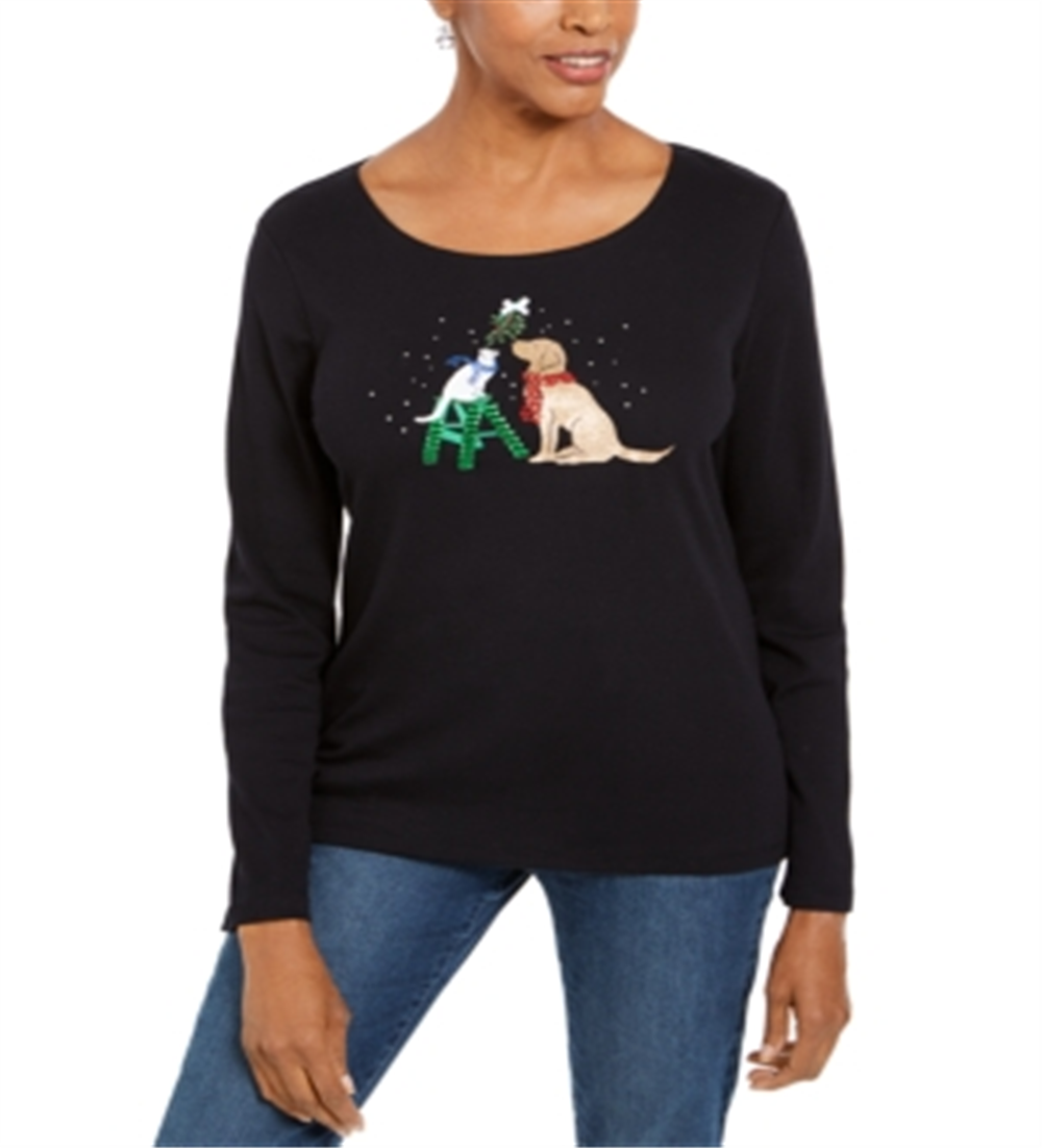 Karen Scott Camisa Feminina Pequena com Enfeites para Festas, Preta, Tamanho Pequeno M