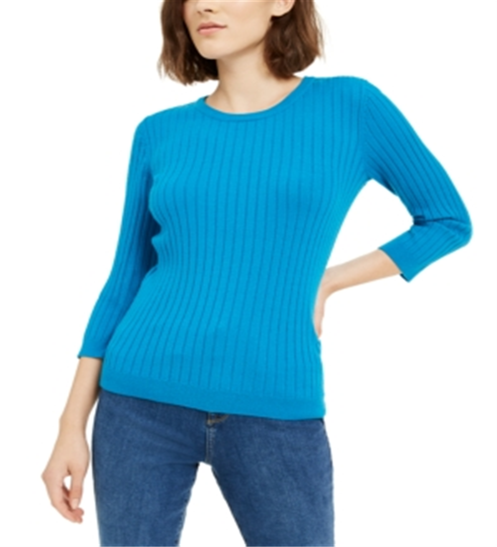 Suéter feminino Maison Jules com gola redonda canelada, azul, tamanho XX-G