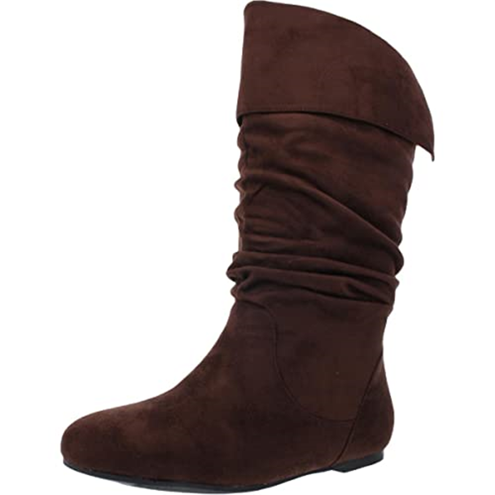 Brinley Co. Bota feminina de cano médio em microsuede com salto largo e cano alto, marrom, tamanho 6,5