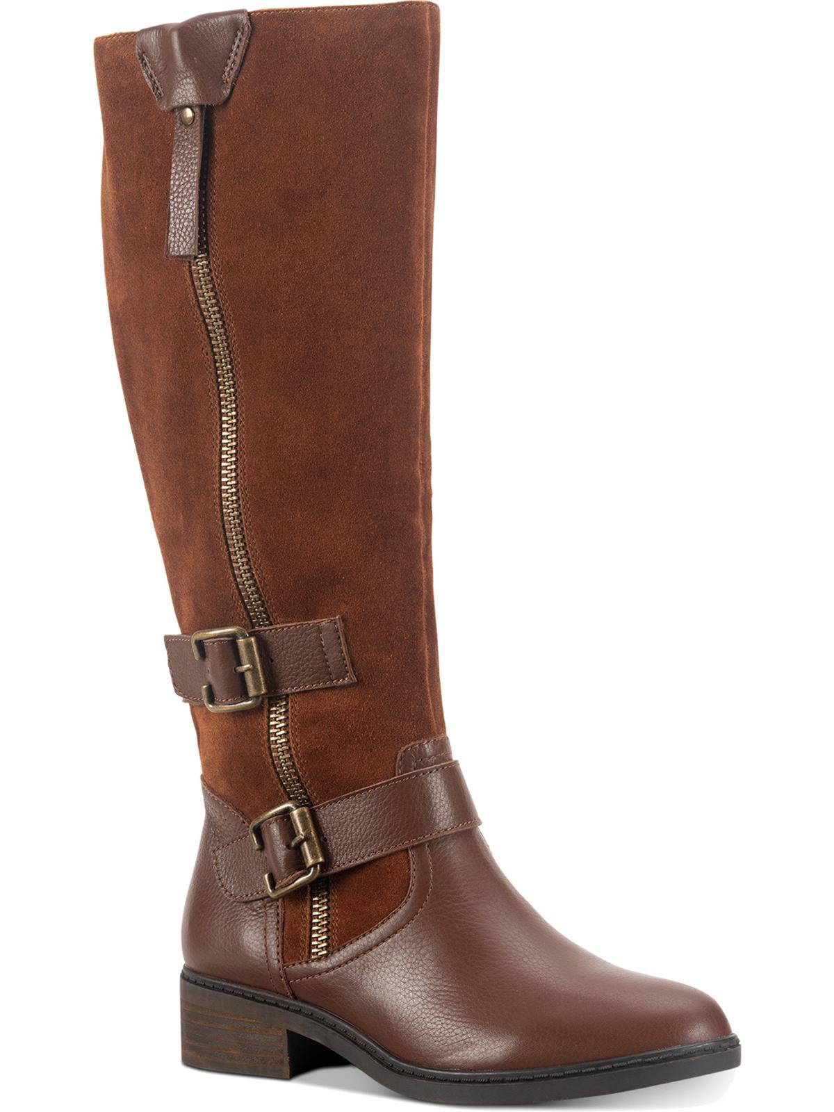 Botas de couro femininas American Rag com detalhe de tira e zíper, fivela e salto bloco Collins, tamanho 7,5 M