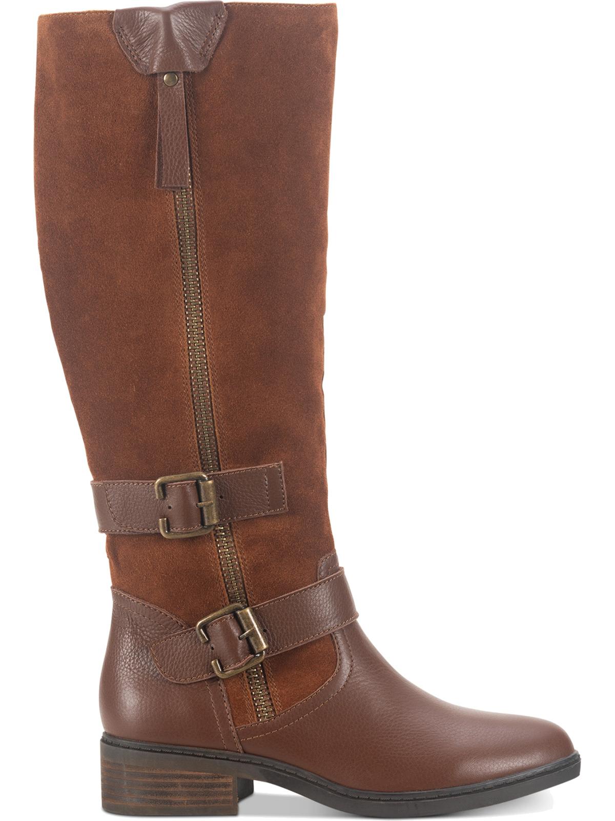 Botas de couro femininas American Rag com detalhe de tira e zíper, fivela e salto bloco Collins, tamanho 7,5 M