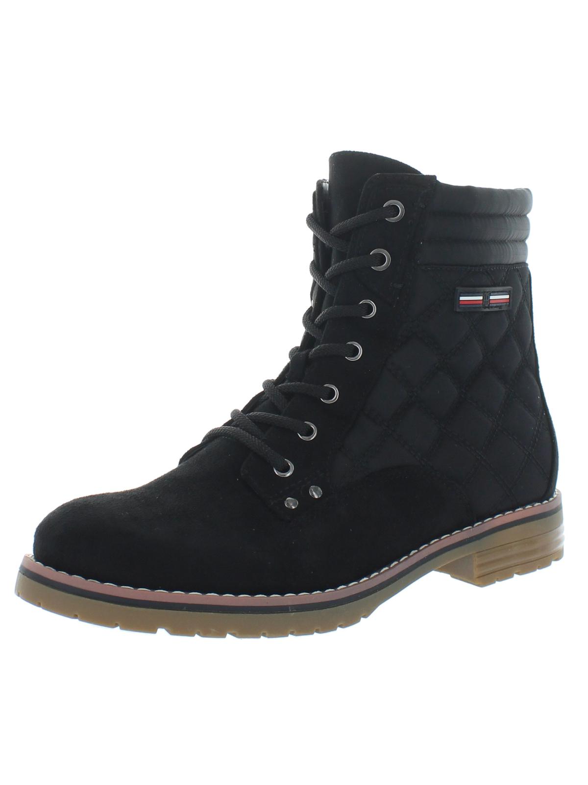 Tommy Hilfiger Botas femininas plataforma 1/2 acolchoadas com zíper e bico redondo, salto bloco e cadarço, pretas, tamanho 8 M
