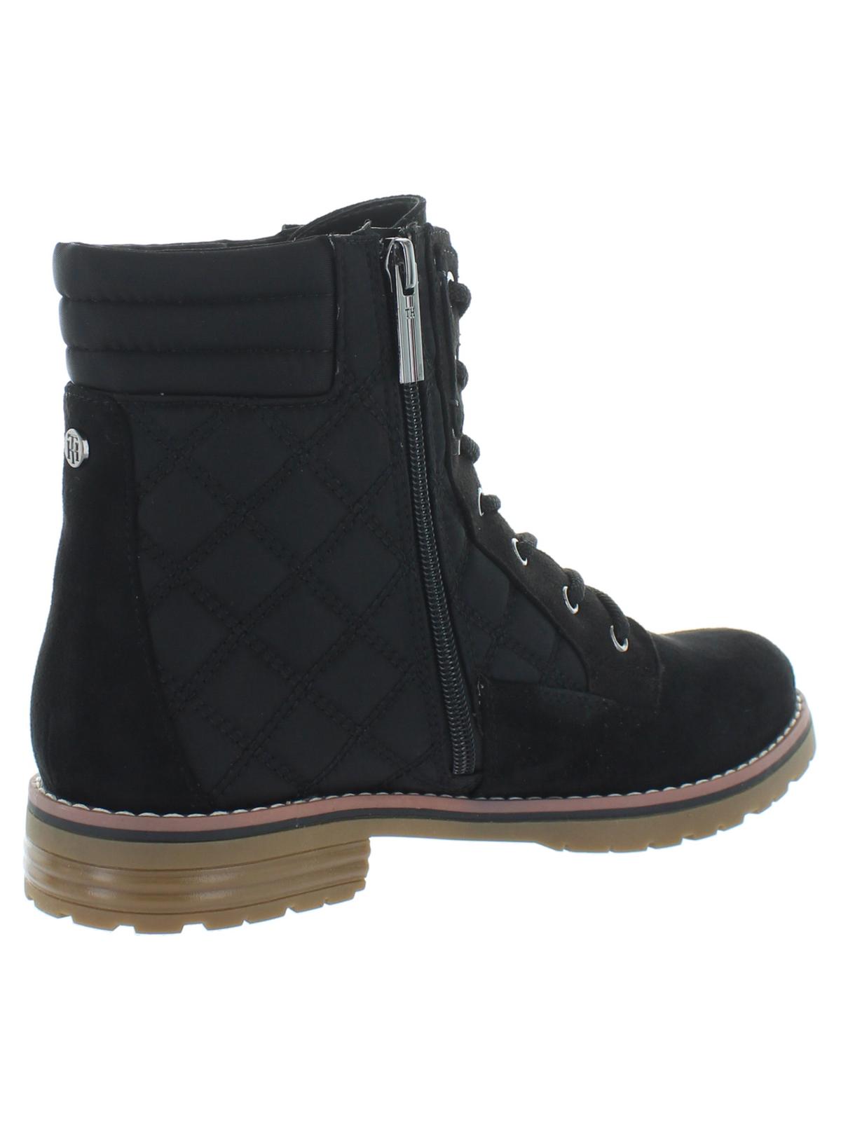 Tommy Hilfiger Botas femininas plataforma 1/2 acolchoadas com zíper e bico redondo, salto bloco e cadarço, pretas, tamanho 8 M