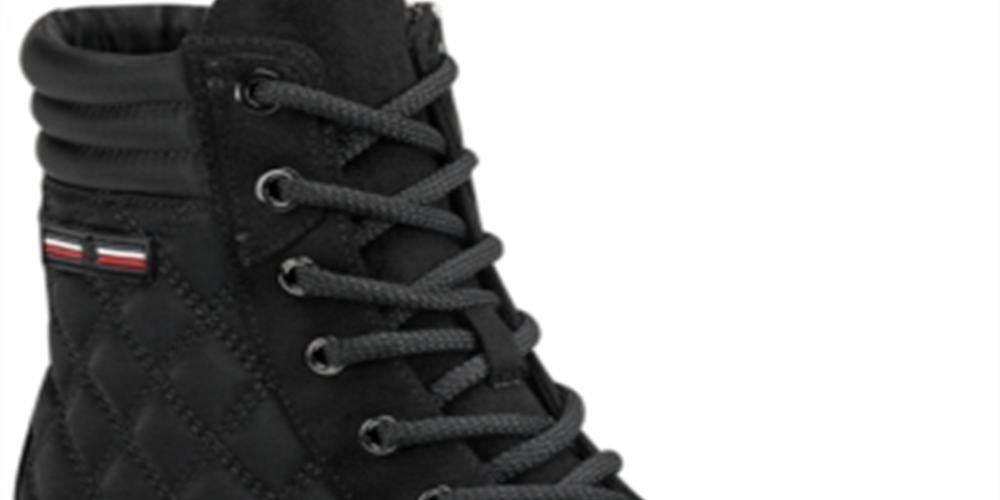 Tommy Hilfiger Botas femininas plataforma 1/2 acolchoadas com zíper e bico redondo, salto bloco e cadarço, pretas, tamanho 8 M