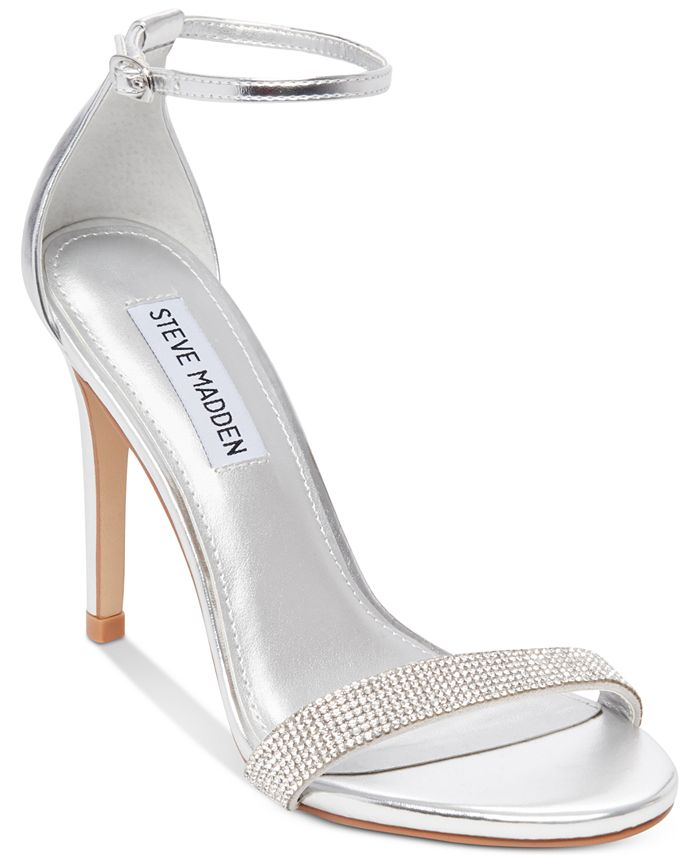 Sandália feminina Steve Madden de tecido com bico aberto para ocasiões especiais, tira no tornozelo, prata, tamanho 9 M