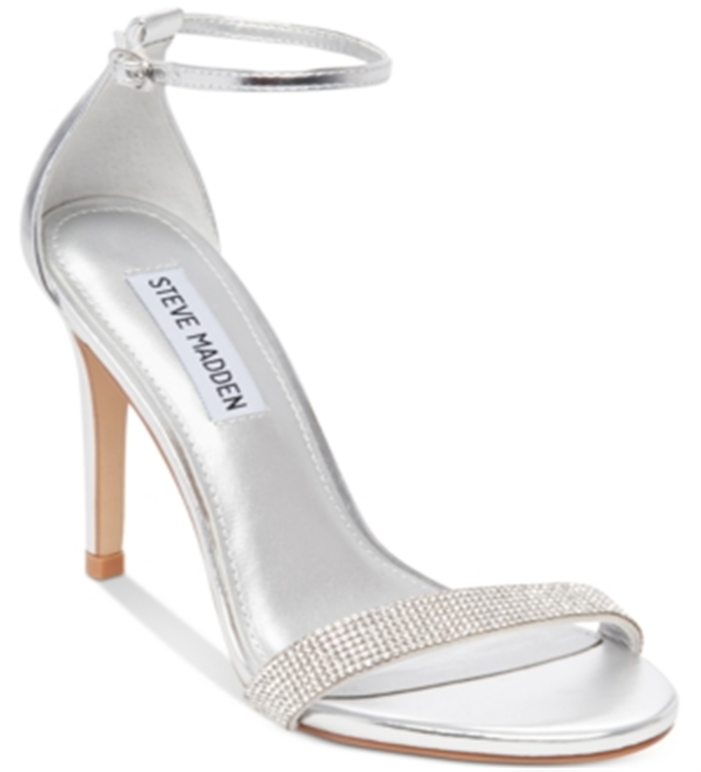 Sandália feminina Steve Madden de tecido com bico aberto para ocasiões especiais, tira no tornozelo, prata, tamanho 9 M