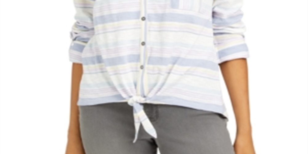 Camisa feminina pequena de algodão listrada com amarração frontal, tamanho branco, pequena M
