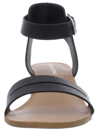 Sandália feminina Sun Stone com recorte de fenda, tira ajustável no tornozelo, acolchoada, bico redondo, salto bloco e fivela, preta, tamanho 8,5 M