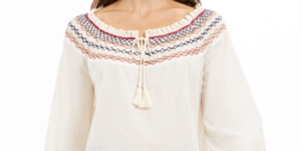 Blusa feminina de algodão com gola franzida e bordado Style &amp; Co, branca, tamanho pequeno P