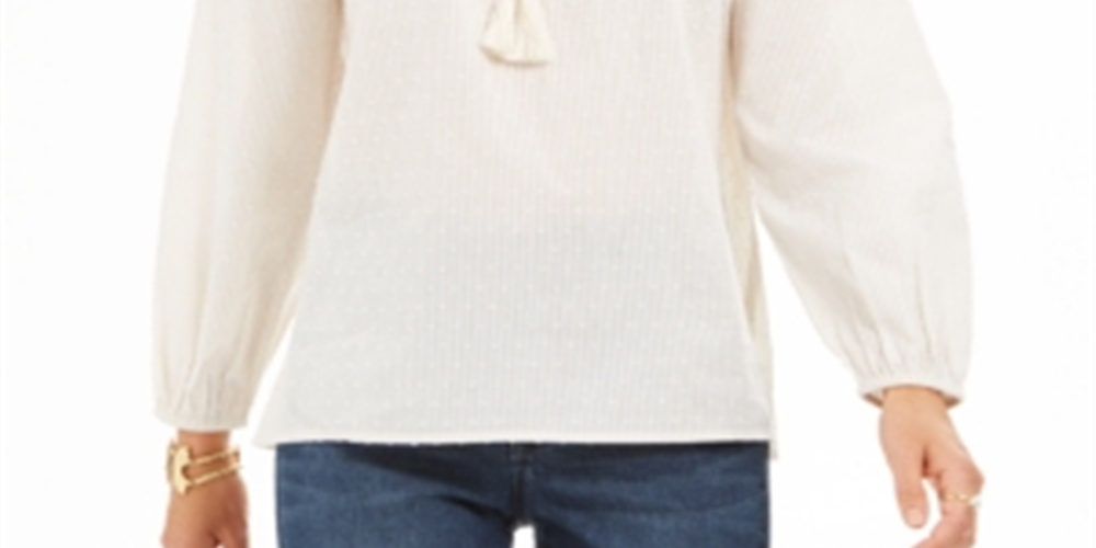 Blusa feminina de algodão com gola franzida e bordado Style &amp; Co, branca, tamanho pequeno P