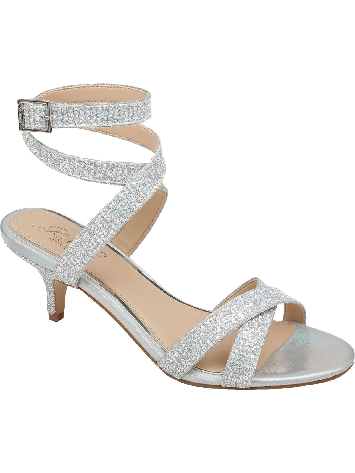Sapatos de festa femininos Jewel Badgley Mischka Newton com bico aberto e cristais prateados, tamanho 6,5 m