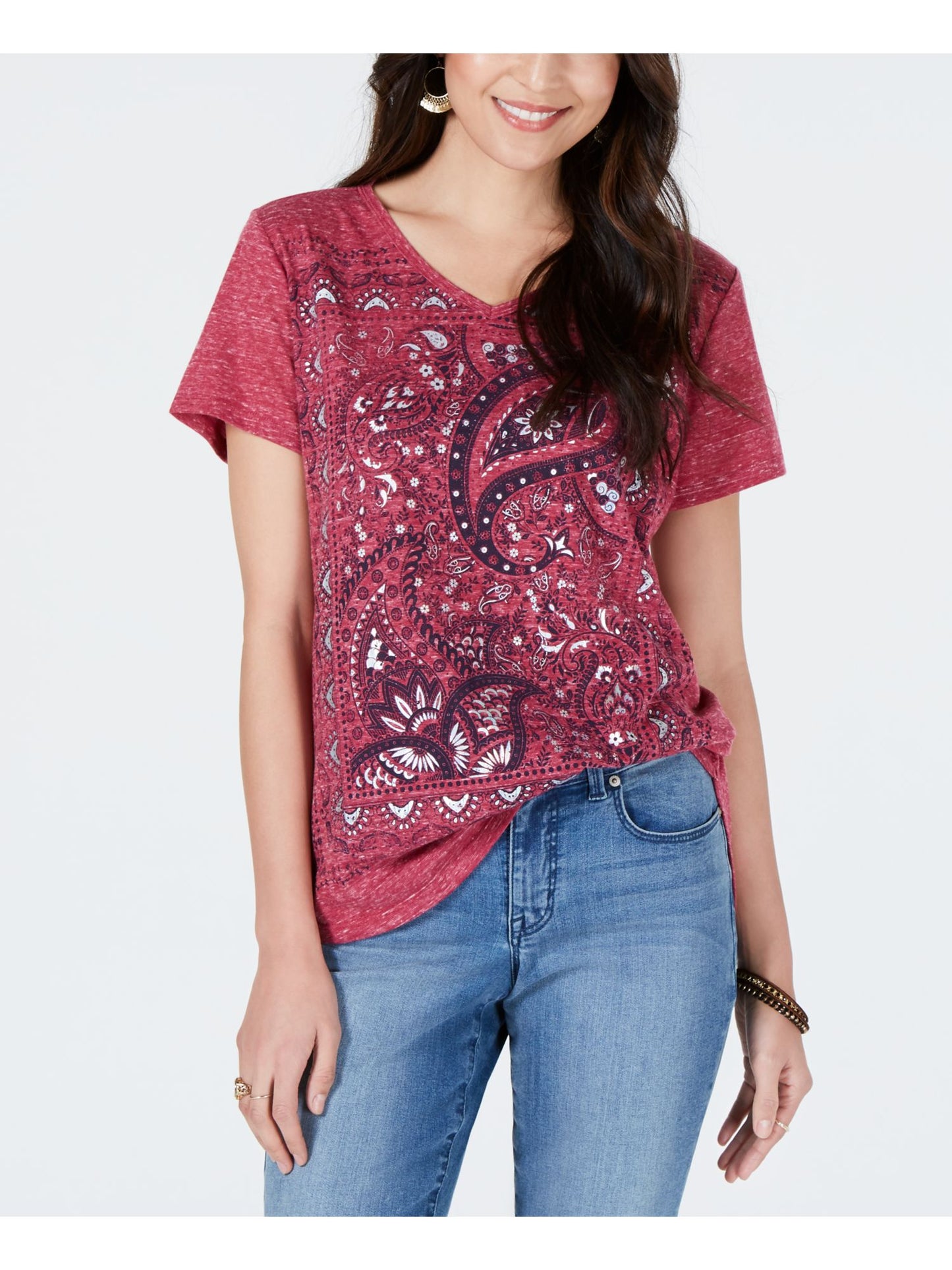 Camiseta feminina de manga curta e gola V Style &amp; Co Blend, rosa, tamanho XS