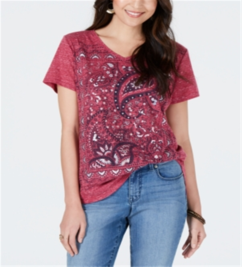 Camiseta feminina de manga curta e gola V Style &amp; Co Blend, rosa, tamanho XS