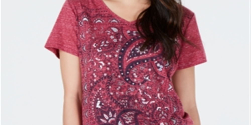 Camiseta feminina de manga curta e gola V Style &amp; Co Blend, rosa, tamanho XS