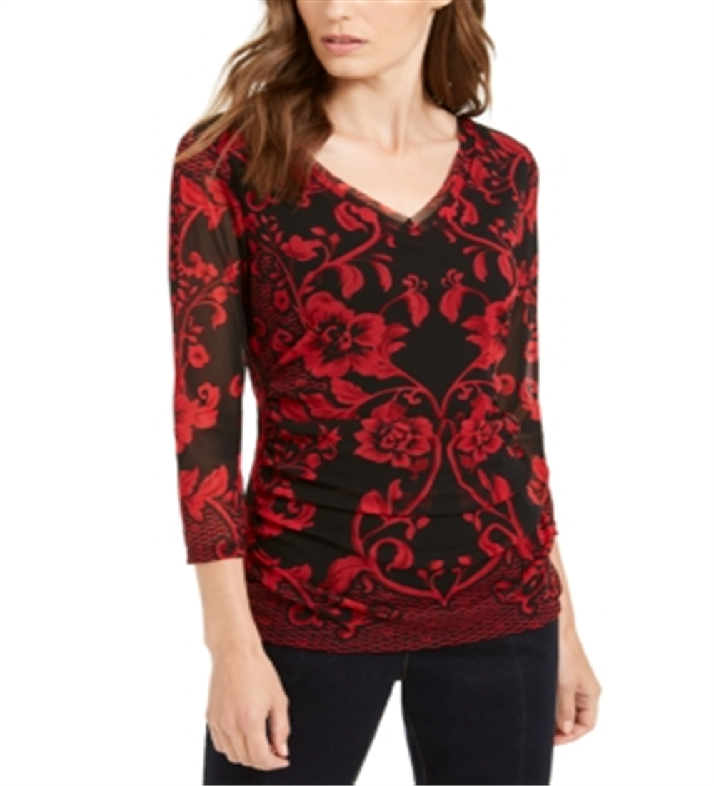 INC International Concepts Top de malha estampado feminino vermelho tamanho pequeno