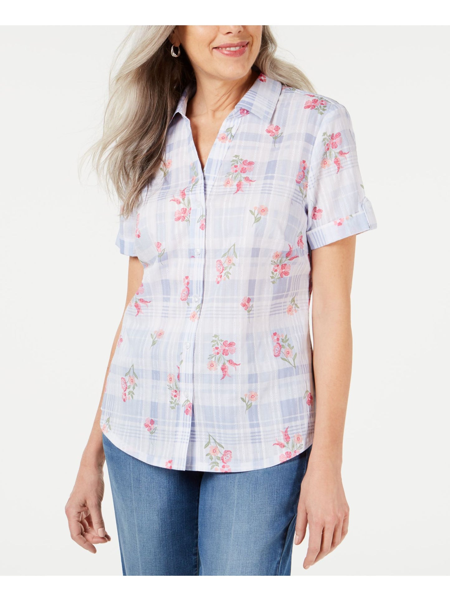 Blusa feminina Karen Scott com botões e punhos florais, azul, tamanho pequeno P