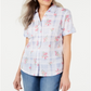 Blusa feminina Karen Scott com botões e punhos florais, azul, tamanho pequeno P