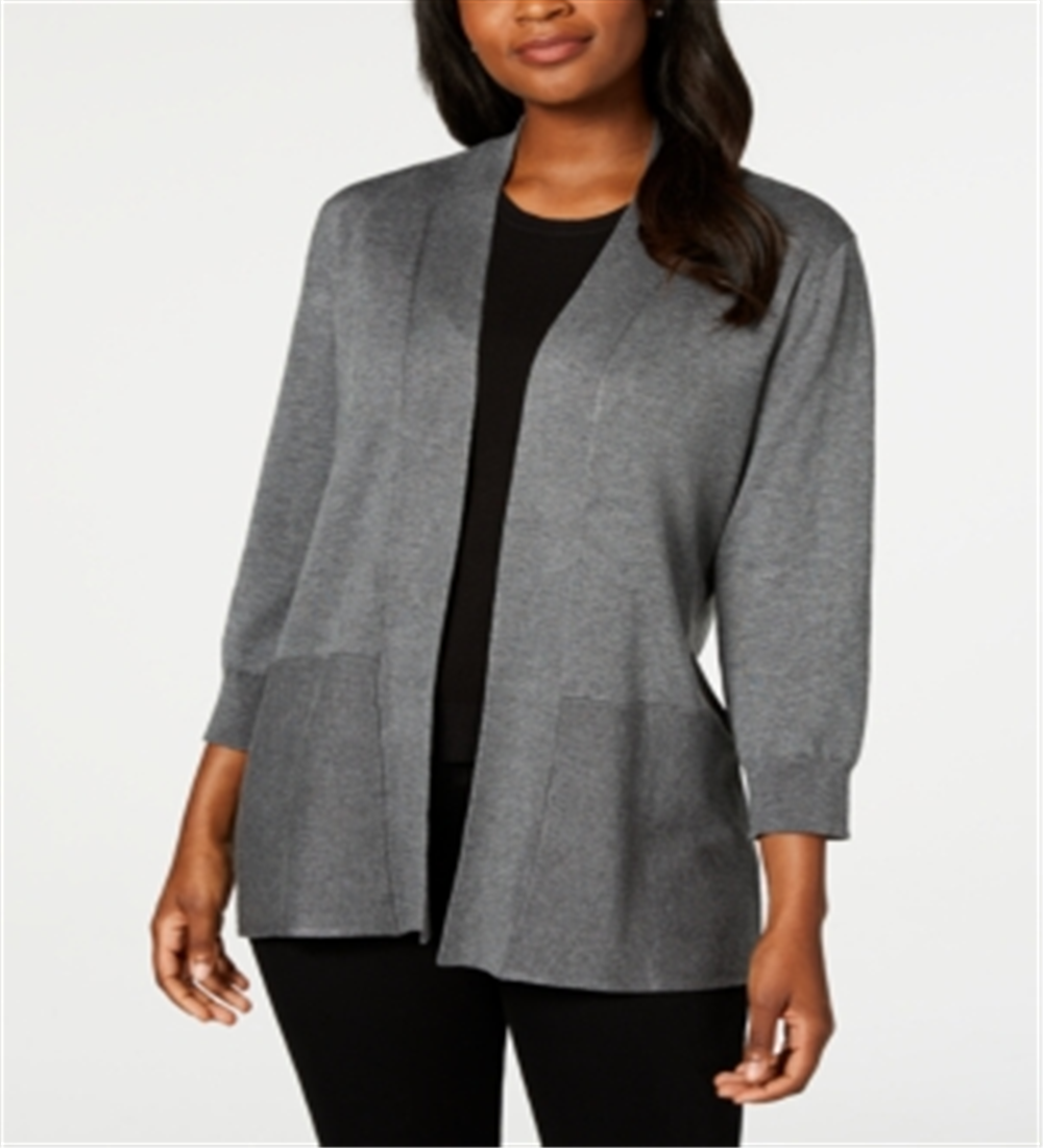 Karen Scott Cardigan Feminino Aberto na Frente Cinza Escuro Mesclado Tamanho Grande