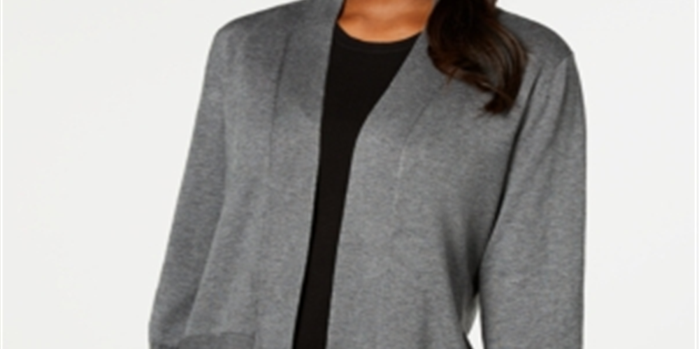 Karen Scott Cardigan Feminino Aberto na Frente Cinza Escuro Mesclado Tamanho Grande
