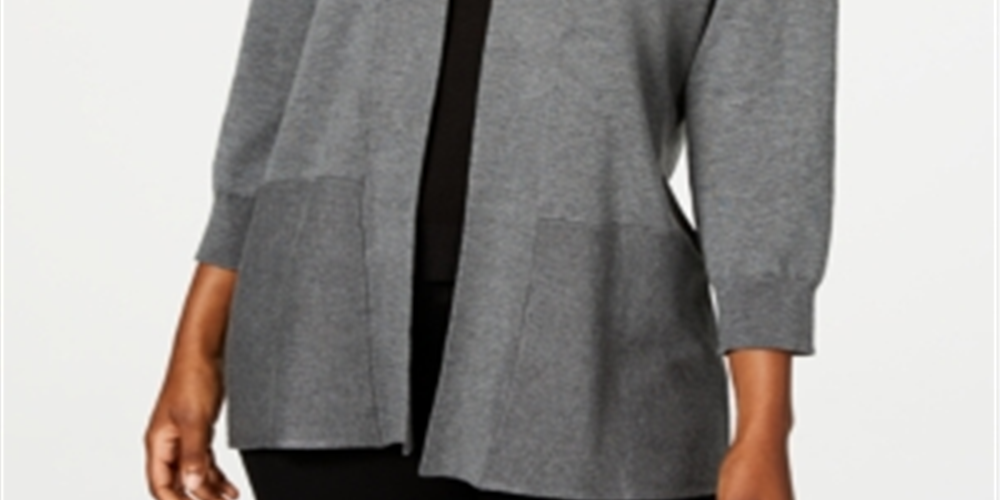 Karen Scott Cardigan Feminino Aberto na Frente Cinza Escuro Mesclado Tamanho Grande