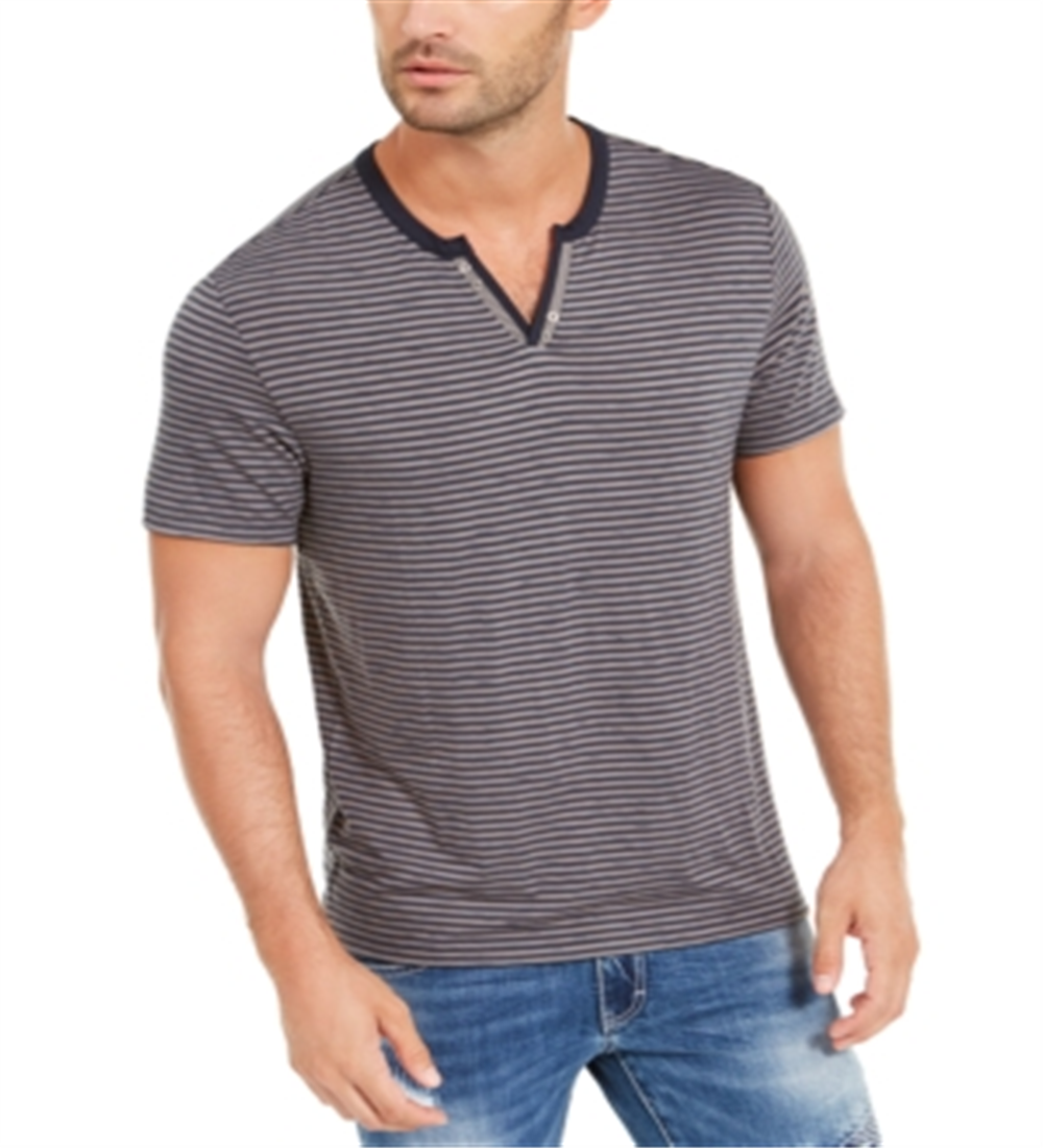 Camiseta listrada masculina INC com gola dividida, azul, tamanho pequeno