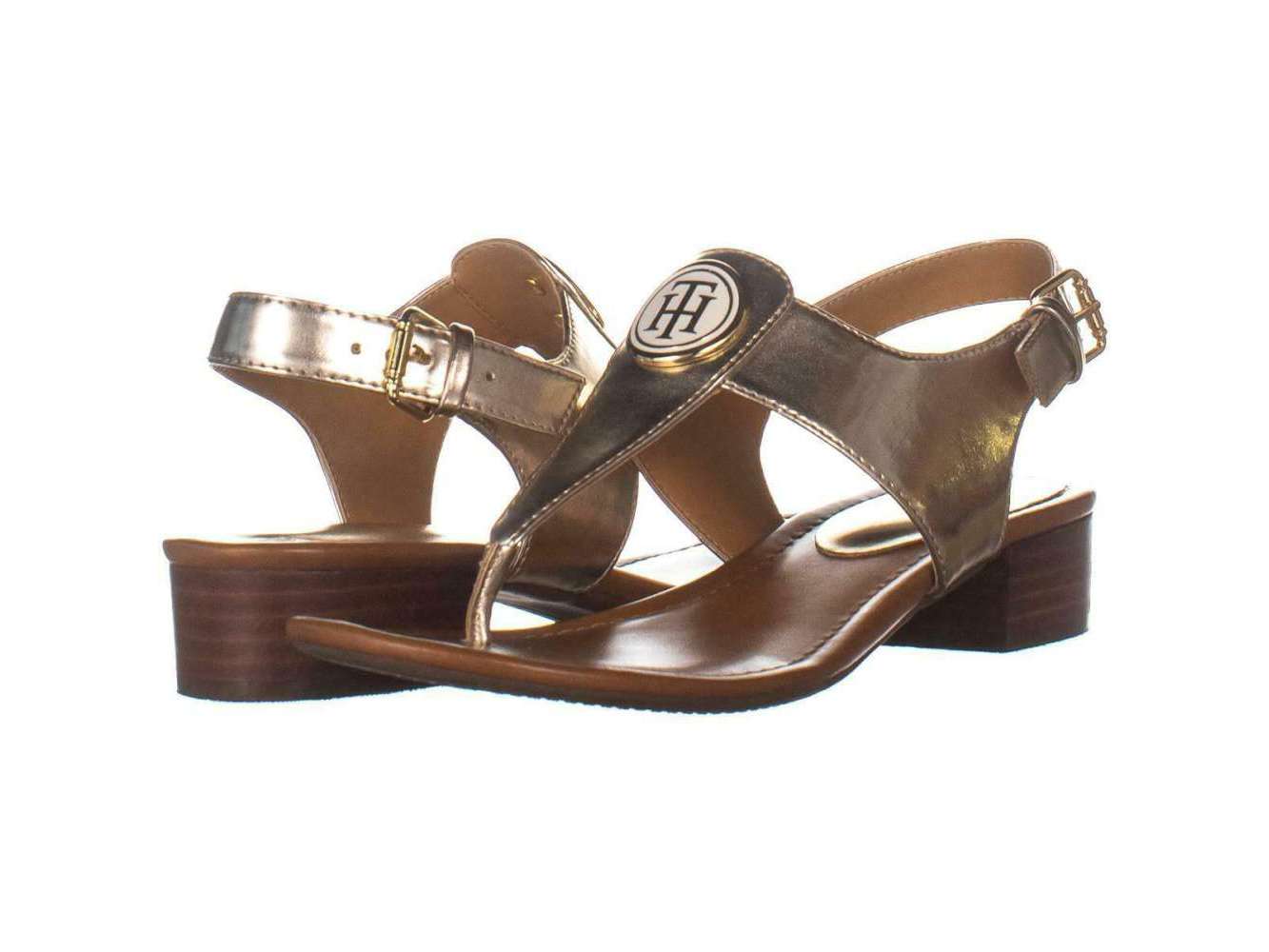 Sandálias femininas Tommy Hilfiger King de couro com bico aberto e tira no tornozelo, tamanho dourado 7,5