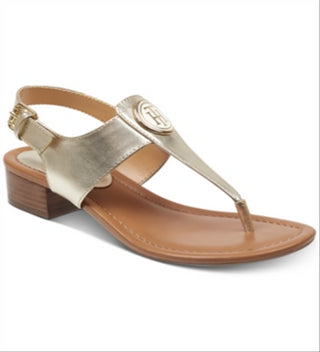 Sandálias femininas Tommy Hilfiger King de couro com bico aberto e tira no tornozelo, tamanho dourado 7,5