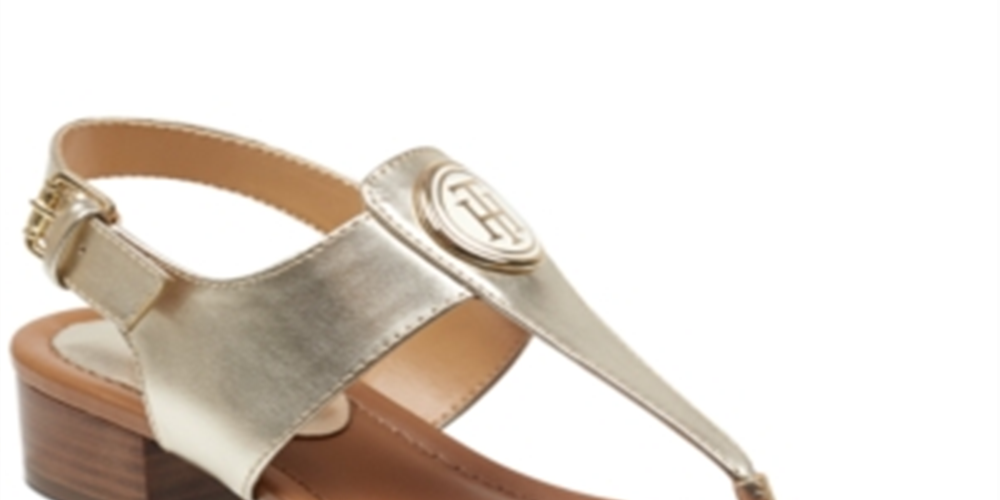 Sandálias femininas Tommy Hilfiger King de couro com bico aberto e tira no tornozelo, tamanho dourado 7,5