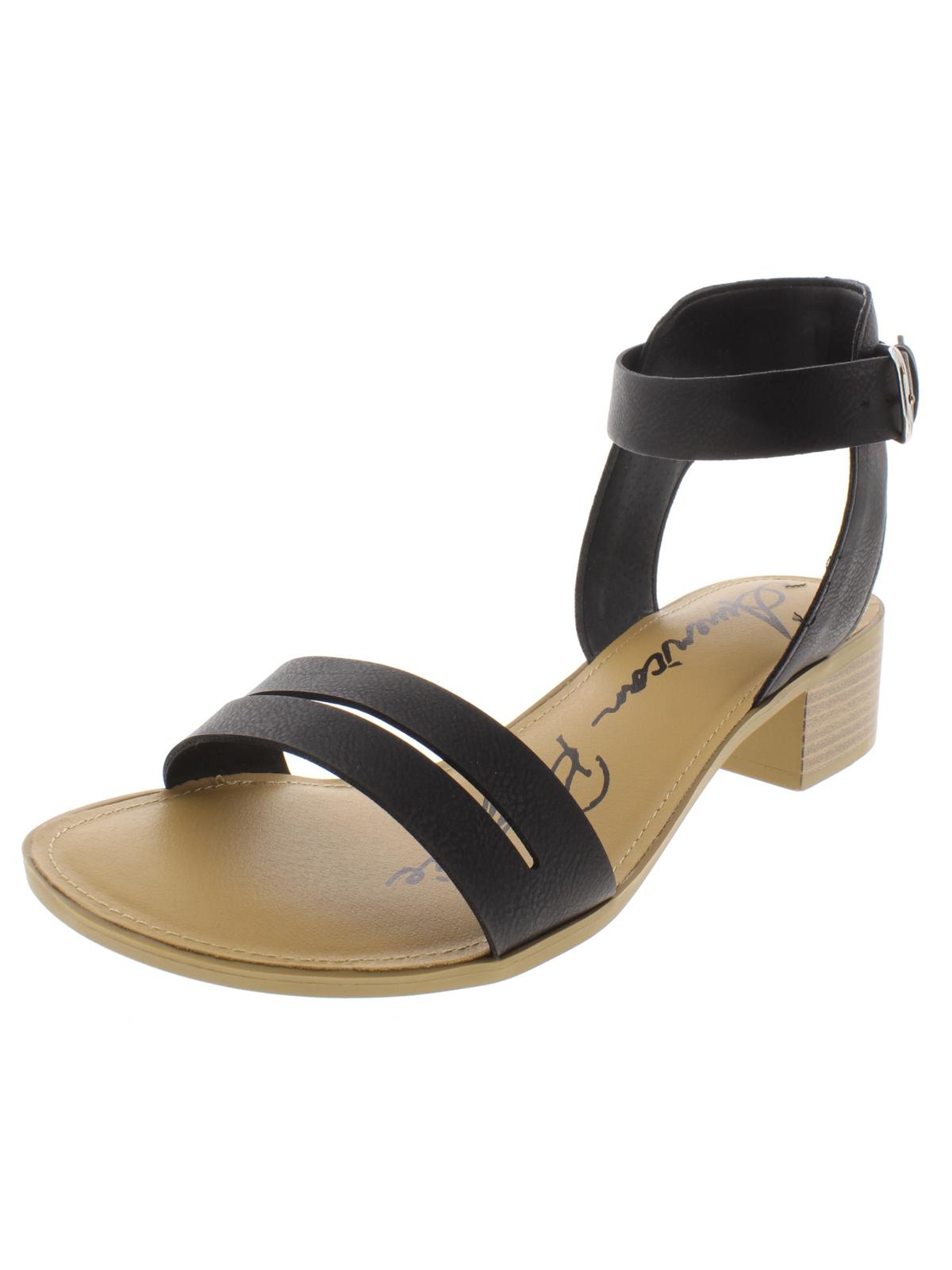 Sandálias femininas Sun Stone com recorte de fenda, tira ajustável no tornozelo, acolchoadas, bico redondo, salto bloco e fivela, pretas, 8 m