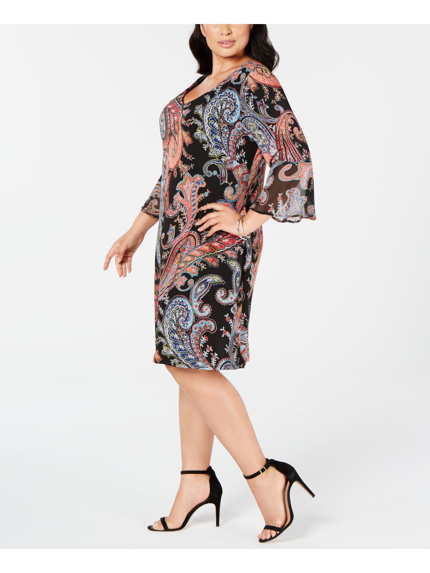 Vestido feminino plus size Paisley com manga sino e estampa paisley da Connected Apparel, preto, tamanho 20W
