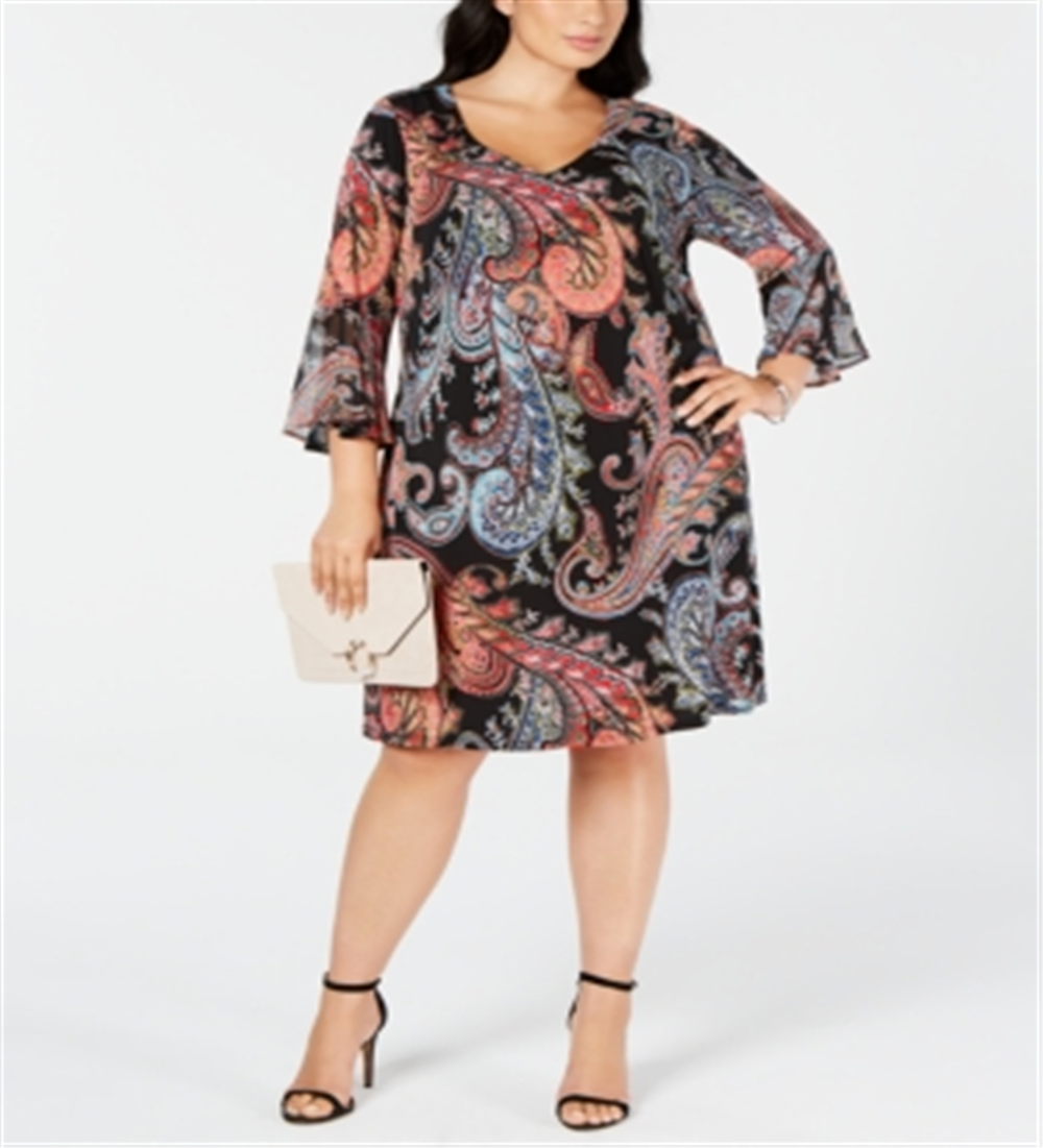 Vestido feminino plus size Paisley com manga sino e estampa paisley da Connected Apparel, preto, tamanho 20W