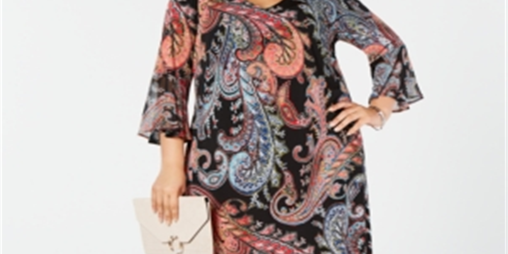 Vestido feminino plus size Paisley com manga sino e estampa paisley da Connected Apparel, preto, tamanho 20W