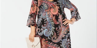 Vestido feminino plus size Paisley com manga sino e estampa paisley da Connected Apparel, preto, tamanho 20W