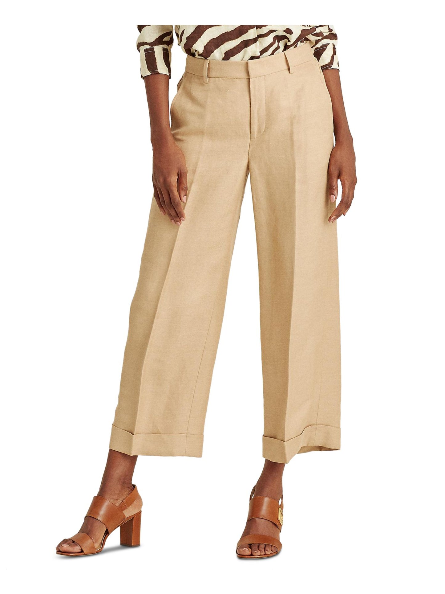 Calça feminina Lauren Ralph Lauren de cintura alta e perna larga, marrom, tamanho 12