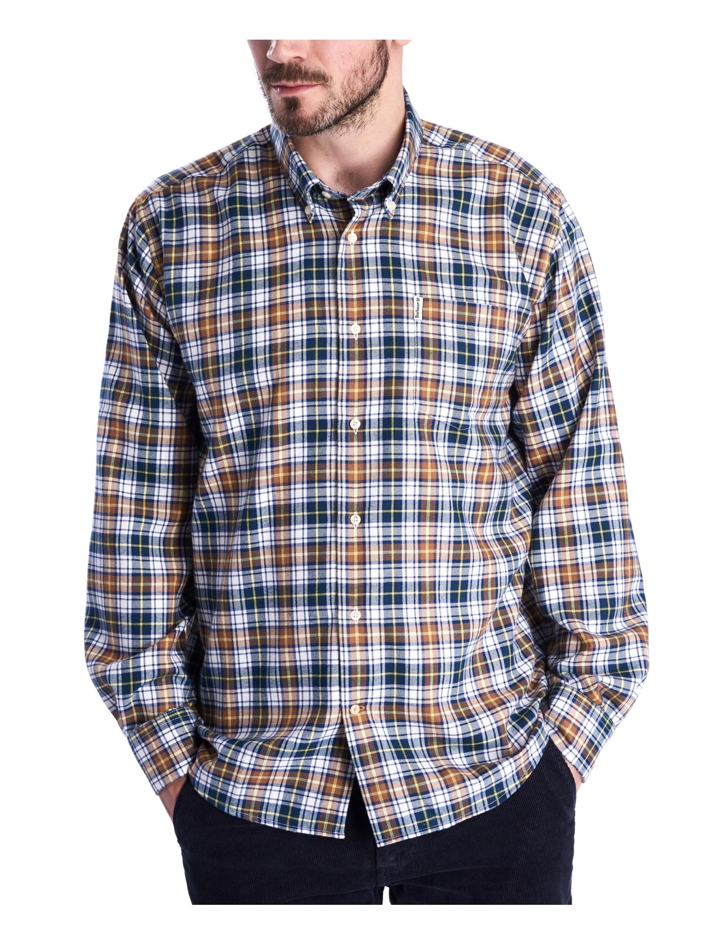 Camisa casual masculina Barbour Windowpane xadrez manga longa ajuste clássico botões azul vários tamanhos GG
