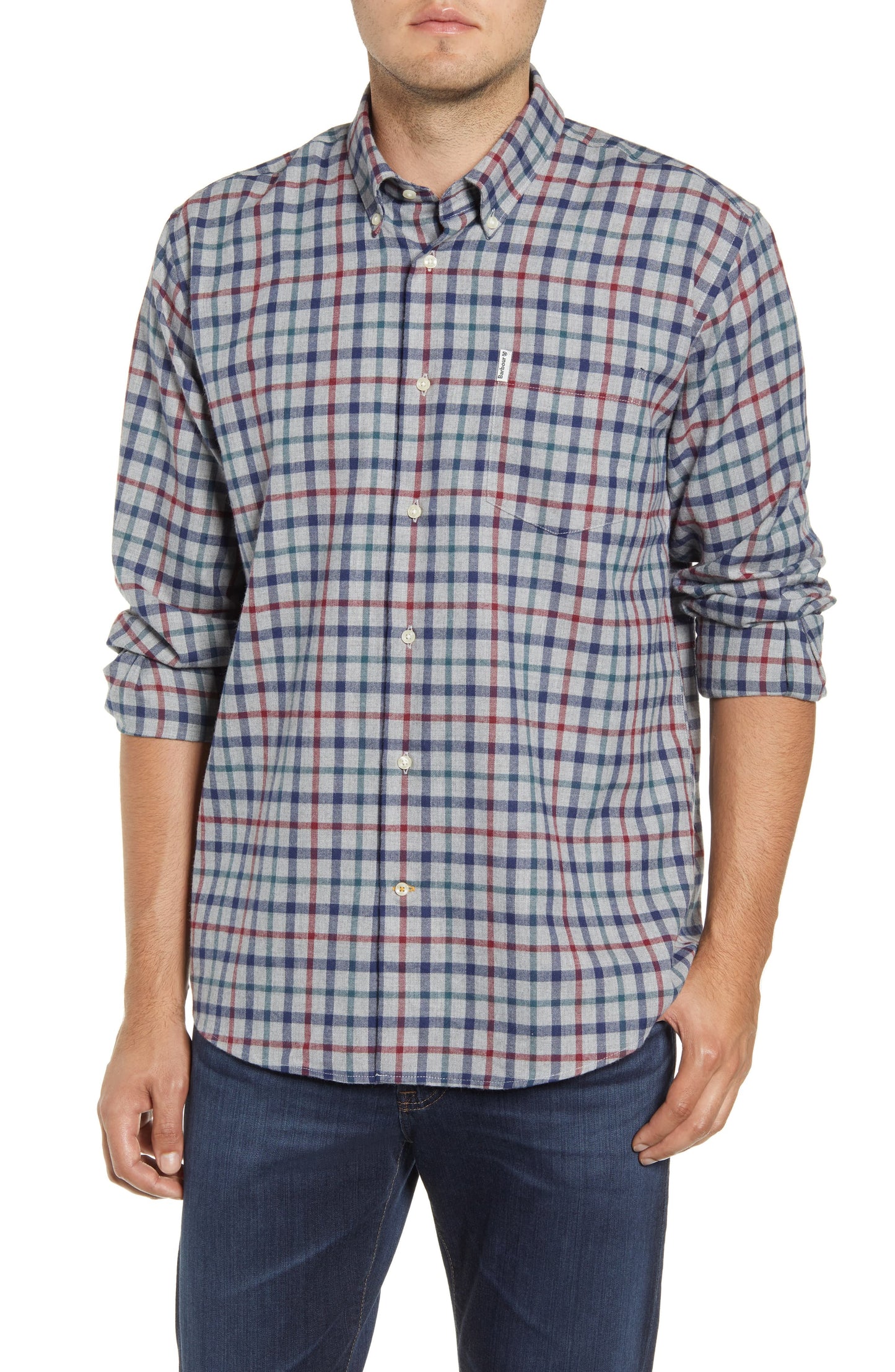 Camisa casual masculina BARBOUR Windowpane xadrez manga comprida ajuste clássico botões azul vários tamanhos GG