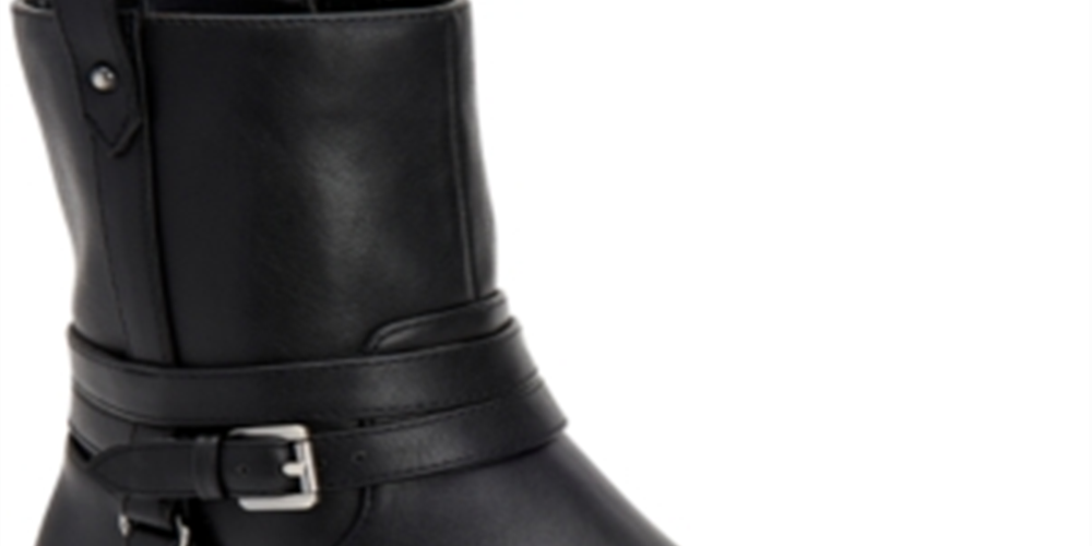 Botas femininas estilo &amp; co com fivela e acolchoado, bico redondo, salto bloco, zíper, pretas, tamanho 7 M