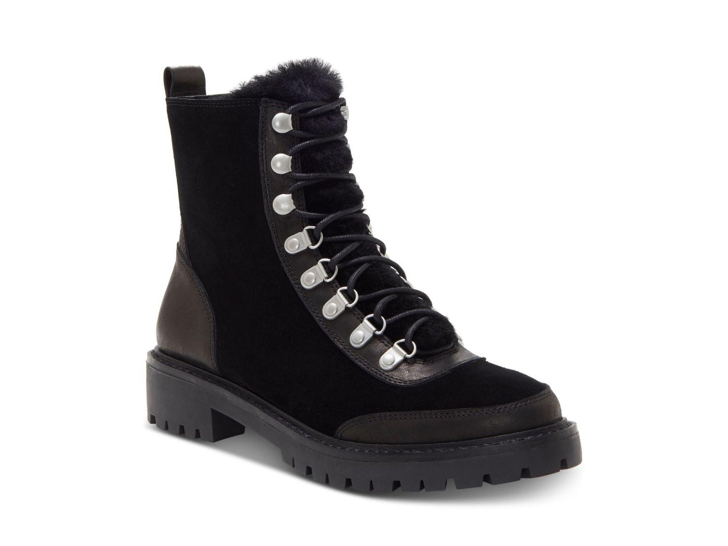 Botas femininas Lucky Brand Ilianna de couro com bico fechado e cano curto, pretas, tamanho 6 M