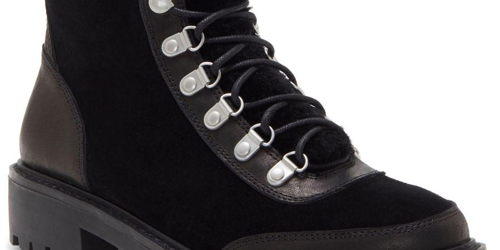 Botas femininas Lucky Brand Ilianna de couro com bico fechado e cano curto, pretas, tamanho 6 M