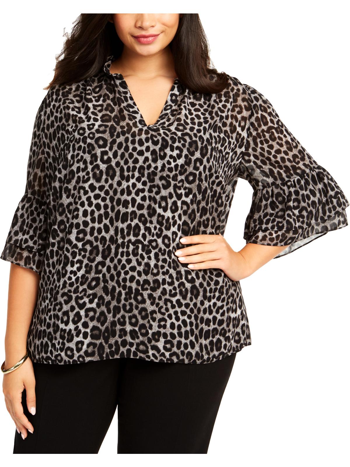 Blusa feminina Michael Kors Plus com estampa de leopardo, preta, tamanho 3XL