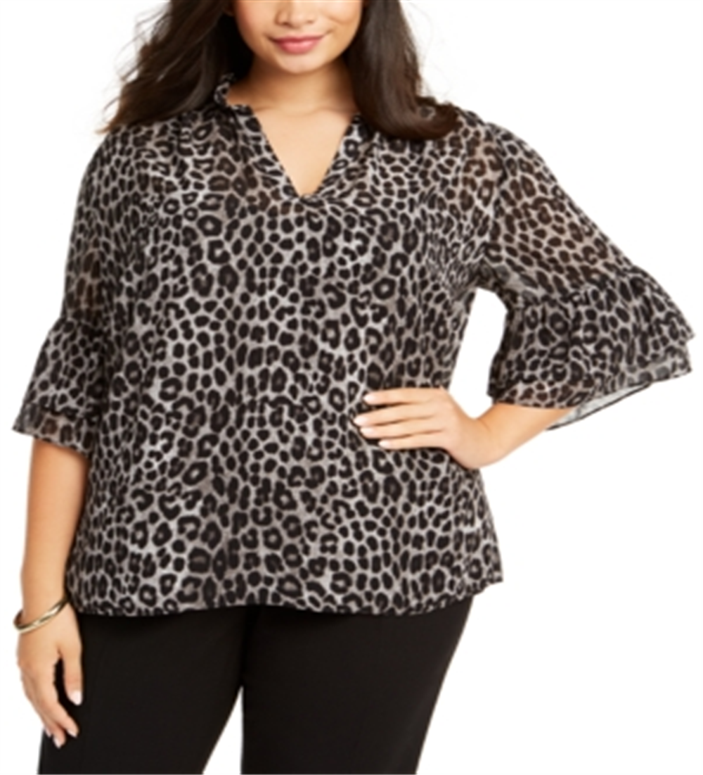 Blusa feminina Michael Kors Plus com estampa de leopardo, preta, tamanho 3XL
