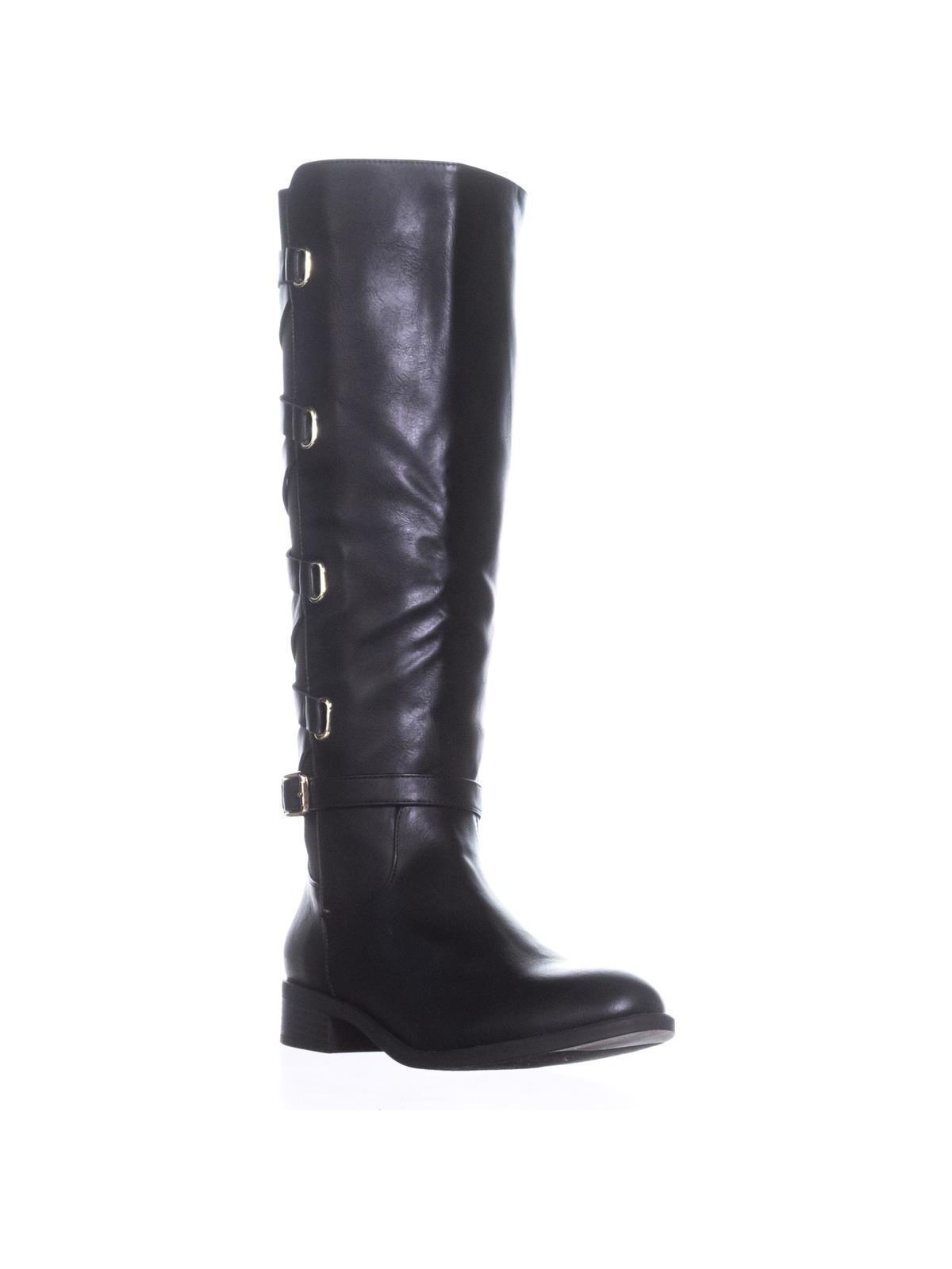 Botas femininas Thalia Sodi com tiras cruzadas e fivela com tiras Veronika, bico amendoado, salto bloco e zíper, tamanho 7,5 M
