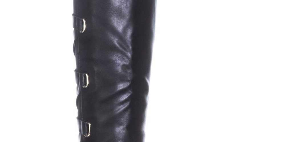 Botas femininas Thalia Sodi com tiras cruzadas e fivela com tiras Veronika, bico amendoado, salto bloco e zíper, tamanho 7,5 M
