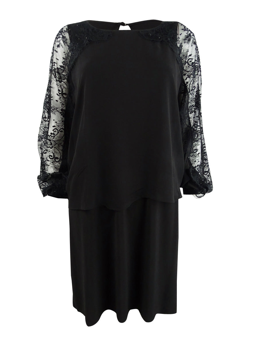 Vestido feminino MSK com sobreposição de renda e lantejoulas, preto, tamanho médio