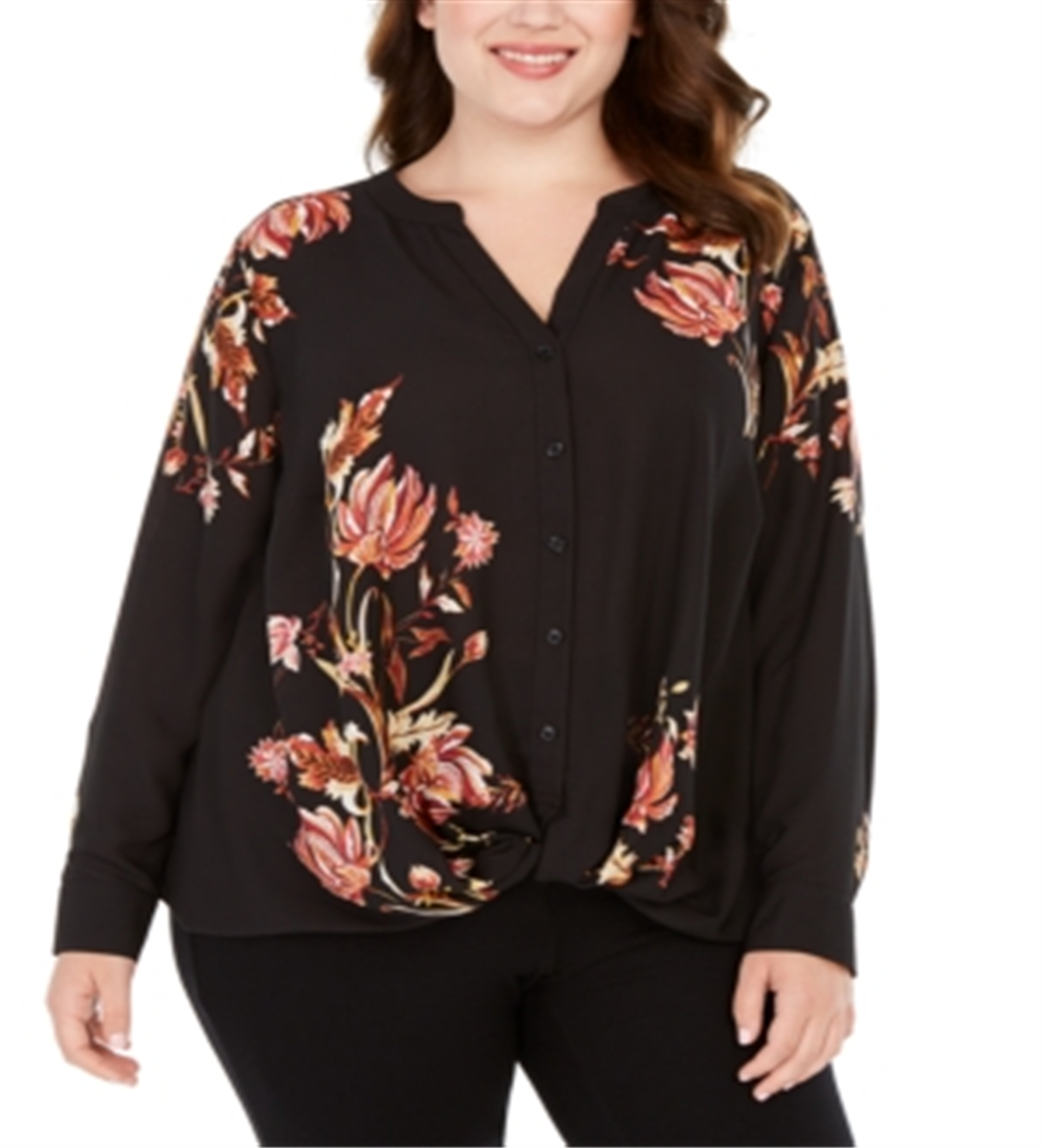 Blusa feminina plus size com estampa floral e bainha torcida da INC International Concepts, preta, tamanho 0X