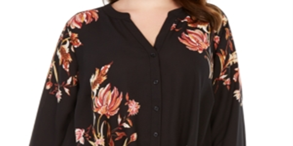 Blusa feminina plus size com estampa floral e bainha torcida da INC International Concepts, preta, tamanho 0X