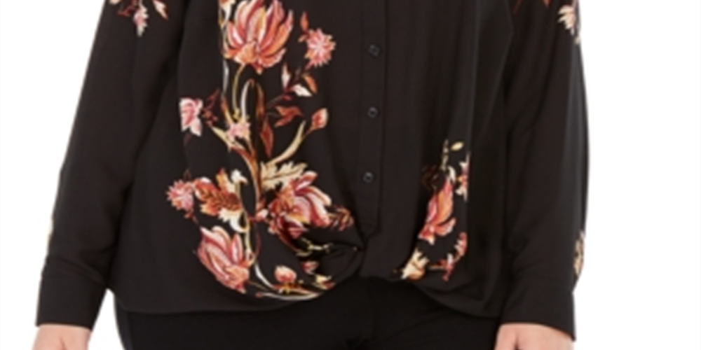 Blusa feminina plus size com estampa floral e bainha torcida da INC International Concepts, preta, tamanho 0X