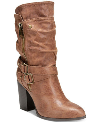Carlos By Carlos Santana Women's Layered Crisscross Strap Cushioned Buckle Accent Paisley Pointed Toe Block Heel Zip up Heeled Boots Brown Size 10 M