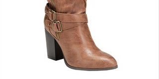 Carlos By Carlos Santana Women's Layered Crisscross Strap Cushioned Buckle Accent Paisley Pointed Toe Block Heel Zip up Heeled Boots Brown Size 10 M