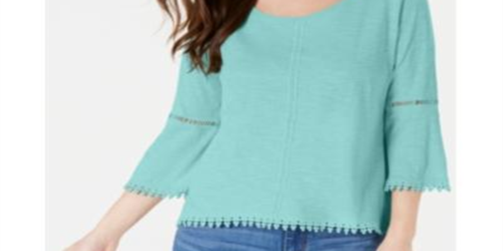 Estilo &amp; Co Feminino Petite Crochet-Trim Lantern-Sl Refrescante Azul-petróleo Tamanho PXS